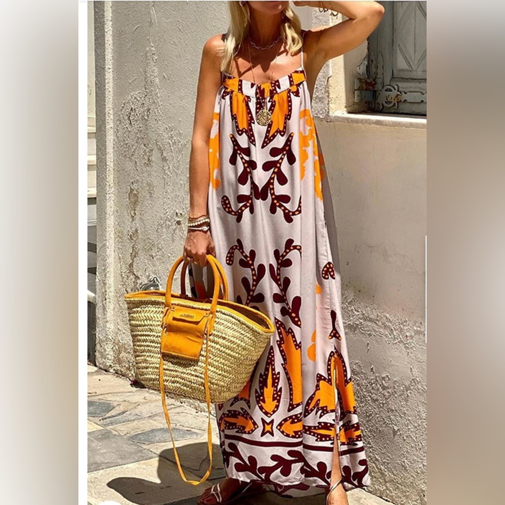 Boho Maxi Sundress in Yellow and Brown